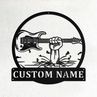 Custom Hand Holding Electric Guitar Metal Wall Art, Personalized Electric Guitar Name Sign Decoration For Room, Electric Guitar Home Decor - Thegiftio