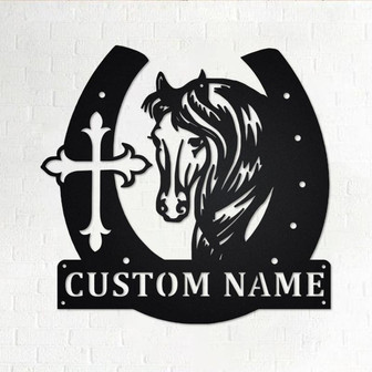 Custom Large Horseshoe With Horse Head And Cross Metal Wall Art, Personalized Horse Name Sign Decoration For Room,Horse And Cross Home Decor - Thegiftio UK