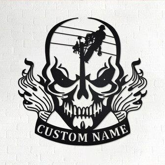 Custom Lineman Skull Metal Wall Art, Personalized Lineman Name Sign Decoration For Room, Lineman Metal Home Decor, Custom Lineman - Thegiftio UK
