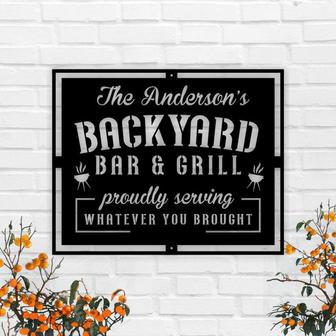 Custom Name Backyard Bar and Grill Metal Sign, Tiki Bar, Bar and Grill, Outdoor Kitchen Personalized Sign, Patio Decor, Backyard BBQ, Metal - Thegiftio