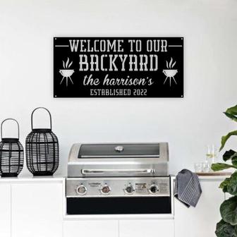 Custom Name Backyard Metal Sign, Welcome Metal Sign, Bar and Grill, Outdoor Kitchen Personalized Sign, Patio Decor, Backyard BBQ, Metal - Thegiftio UK