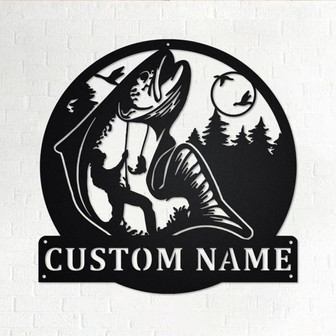 Custom Salmon Fishing Metal Wall Art, Personalized Salmon Fisher Name Sign Decoration For Room, Salmon Fish Metal Home Decor, Custom Fisher - Thegiftio UK