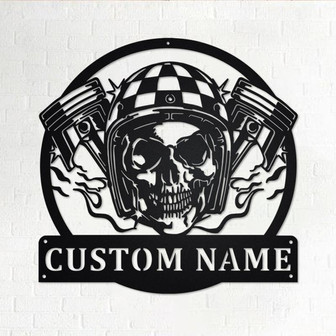 Custom Skull With Piston Biker Metal Wall Art, Personalized Biker Name Sign Decoration For Room, Biker Home Decor, Custom Biker - Thegiftio UK
