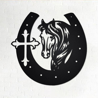 Large Horseshoe With Horse Head And Cross Metal Wall Art, Horseshoe With Horse Decoration For Room, Horse And Cross Home Decor, Horseshoe - Thegiftio