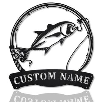 Personalized Giant Trevally Fishing Fish Pole Metal Sign Art | Custom Giant Trevally Fishing Monogram Metal Sign | Fishing Gifts - Thegiftio UK