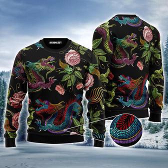 Asian Dragons Ugly Sweater, Dragons Flower Pattern Pullover Ugly Sweater | Favorety UK