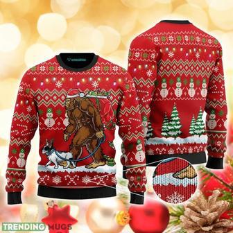 Bigfoot French Bulldog In Red Pattern Sweater Ugly Christmas Sweater For Men Women | Favorety