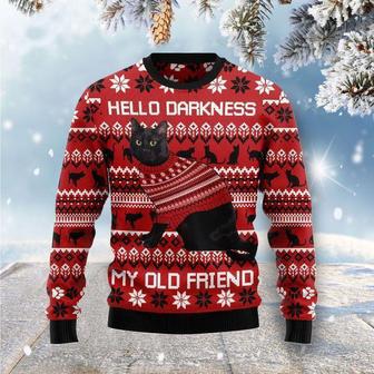 Black Cat Hello Darkness My Old Friend Ugly Christmas Sweater | Favorety UK