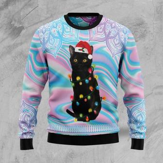 Black Cat Hologram Pattern Ugly Christmas Sweater | Favorety