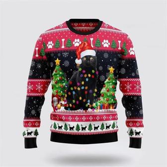 Black Cat Light Ugly Christmas Sweater, Jumper – Cat Lover Christmas Sweater | Favorety CA