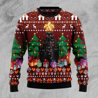 Black Cat Pine Tree Ugly Christmas Sweater | Favorety UK