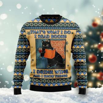 Black Cat Read Books Drink Wine Know Things Ugly Christmas Sweater | Favorety DE