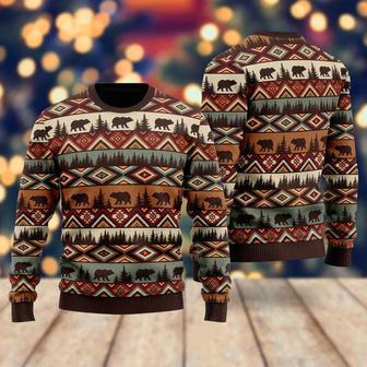 Brown Tribal Bear And Fir Tree Pattern Ugly Christmas Sweater For Men & Women | Favorety