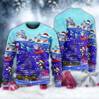 Christmas Santa Shark Sits On Rockets And Brings Gifts To Ocean Ugly Christmas Sweater | Favorety DE