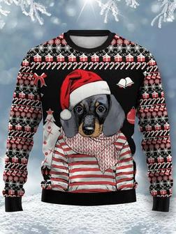 Dachshund Print with Santa Hat Casual – Ugly Sweater Christmas | Favorety