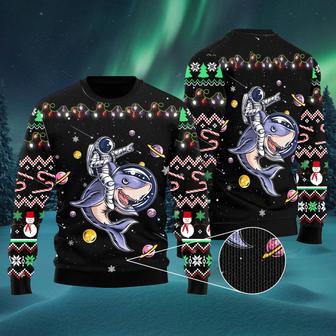 Funny Astronauts Ride A Shark In Space With The Planet Ugly Christmas Sweater | Favorety CA