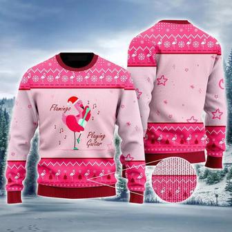 Funny Flamingo Playing Guitar Christmas Pink Ugly Sweater | Favorety