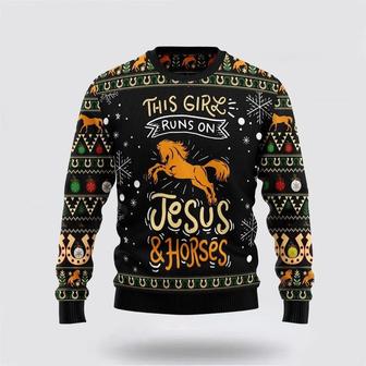 Girls Run On Jesus And Horses Ugly Christmas Sweater, Jumper – Gifts For Christians | Favorety