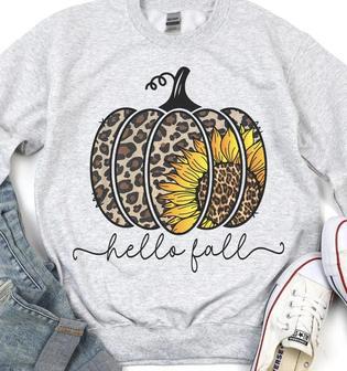 Hello Fall leopard pumpkin sunflower bleached shirt or sweater | Favorety AU