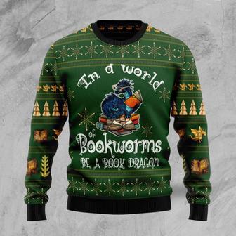 In A World Of Bookworms Be A Book Dragon Ugly Christmas Sweater | Favorety