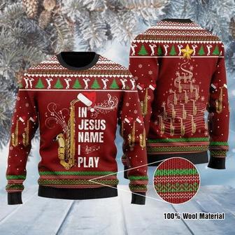 In Jesus Name I Play Ugly Sweater For Saxophone Lovers Ugly Christmas Sweater | Favorety DE