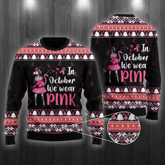 In Octorber We Wear Pink Flamingo Ugly Christmas Sweater | Favorety AU