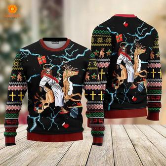 Jesus Riding Reindeer Black Christmas Ugly Christmas Sweater For Men & Women | Favorety