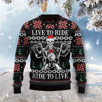 Live To Ride Motorbike Skeleton Ugly Christmas Sweater | Favorety