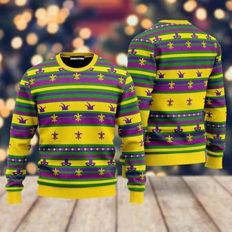 Mardi Gras Striped Yellow Ugly Christmas Sweater For Men & Women | Favorety