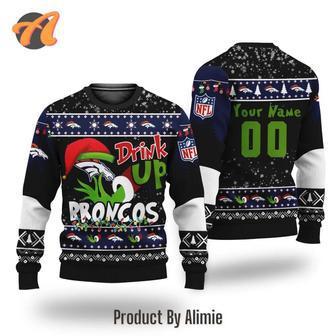 NFL Grinch Drink Up Denver Broncos Custom Ugly Christmas Sweater, Jumpers | Favorety DE