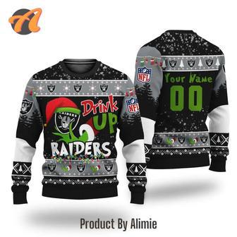 NFL Grinch Drink Up Las Vegas Raiders Custom Ugly Christmas Sweater, Jumpers | Favorety CA