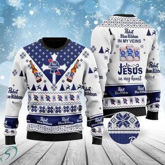 Pabst Blue Ribbon In My Veins Jesus In My Heart Custom Ugly Christmas Sweater | Favorety