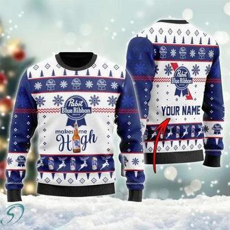 Pabst Blue Ribbon Makes Me High Personalized Ugly Christmas Sweater, Jumpers | Favorety