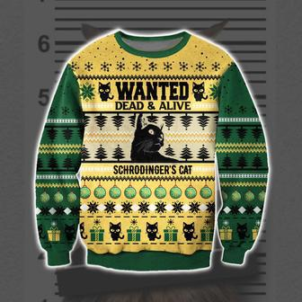 Printed Wanted Dead & Alive Schrodinger'S Cat Ugly Christmas Sweater | Favorety