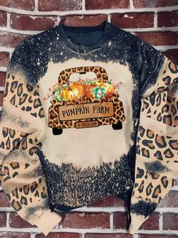 Pumkin farm truck Leopard Bleached Sweater | Favorety