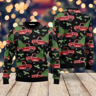 Red Truck And Pine Trees Pattern Ugly Christmas Sweater For Men & Women | Favorety