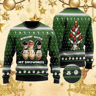 Snowman Bowling With Sayings Rollin With My Snowmies Ugly Christmas Sweater | Favorety DE