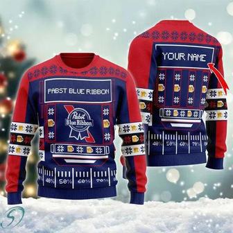 Snowy Pabst Blue Ribbon Ugly Christmas Sweater, Jumpers | Favorety