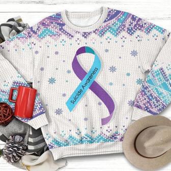 Teal And Purple Ribbon Suicide Prevention Awareness Ugly Christmas Sweater | Favorety