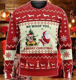 We Woof You A Merry Christmas Funny Santa And Bulldog Christmas Sweater | Favorety DE