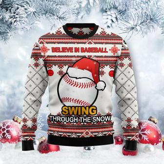 Baseball Swing Through Snow unisex womens & mens, couples matching, friends, baseball lover, funny family ugly christmas holiday sweater gifts | Favorety