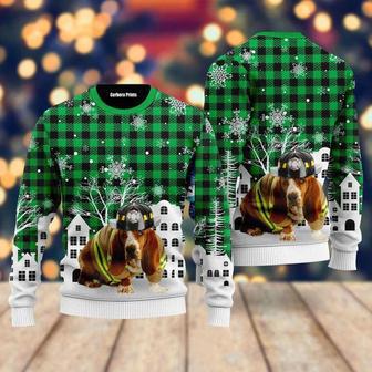 Basset Hound Costume Firefighter In Christmas City Pattern Ugly Christmas Sweater For Men & Women | Favorety DE