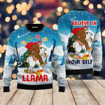 Bigfoot Riding Llama Christmas Ugly Christmas Sweater For Men & Women | Favorety