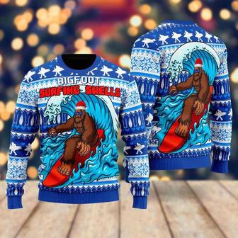 Bigfoot Surfing Swells Ugly Christmas Sweater For Men & Women | Favorety