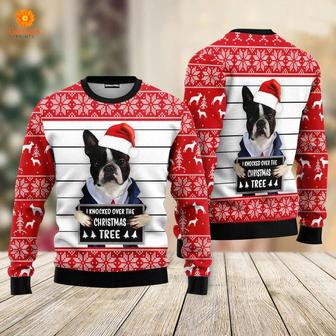 Boston Terrier I Knocked Over The Christmas Tree Ugly Christmas Sweater For Men & Women | Favorety