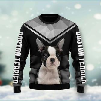 Boston Terrier unisex womens & mens, couples matching, friends, funny family ugly christmas holiday sweater gifts | Favorety