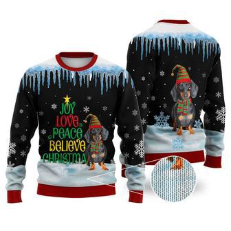 Dachshund Dog Joy Love Peace Believe Christmas Sweater Christmas Knitted Print Sweatshirt | Favorety DE