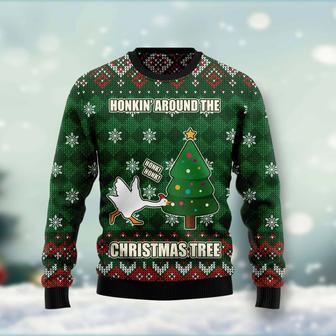 Duck Honkin Around Christmas Tree Ugly Christmas Sweater unisex womens & mens, couples matching, friends, funny family sweater gifts | Favorety UK