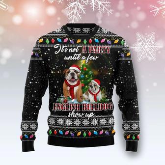 English Bulldog Show Up Ugly Christmas Sweater unisex womens & mens, couples matching, friends, funny family ugly christmas holiday sweater gifts | Favorety