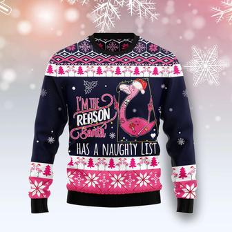 Flamingo I Am The Reason Santa Has A Naughty unisex womens & mens, couples matching, friends, funny family ugly christmas holiday sweater gifts. | Favorety